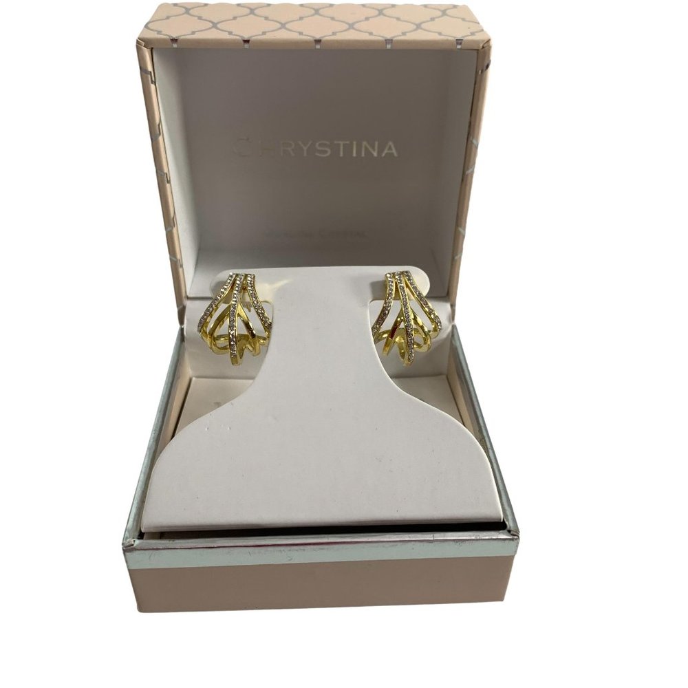 Chrystina Genuine Crystal Earrings New in Box Sparkly Dressy Gold Tone Formal